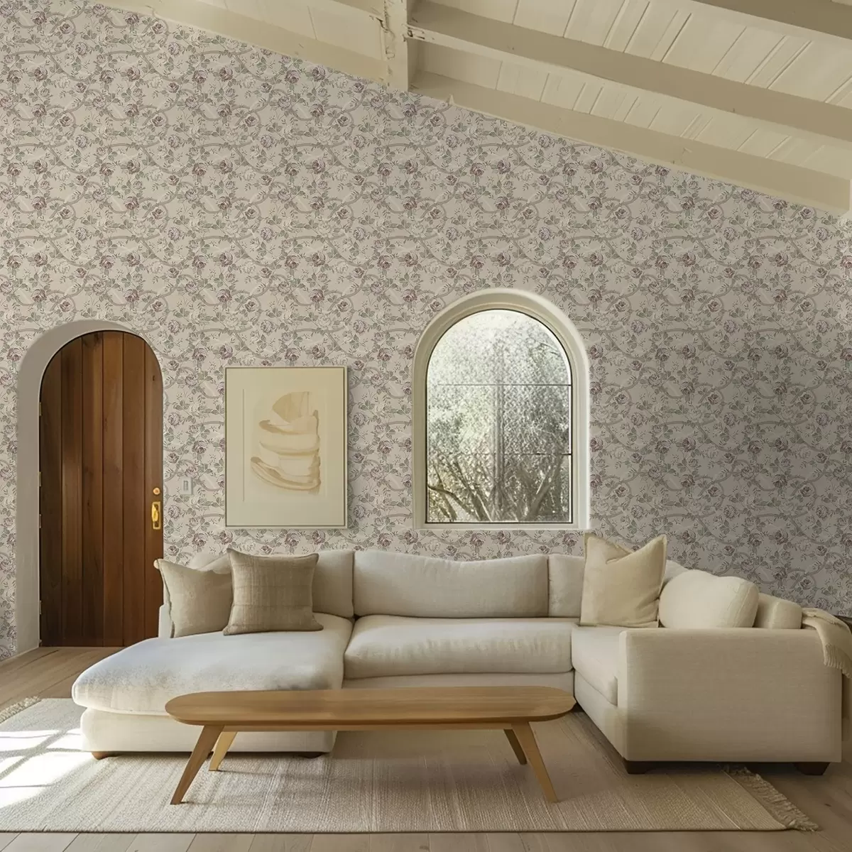 Papel pintado Rosas con hojas verdes sobre un fondo beige cálido a00729