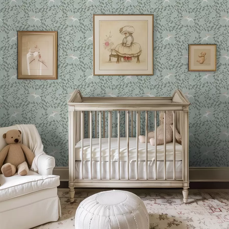 murales de pared Ramas con bayas blancas y pájaros sobre fondo verde a00731