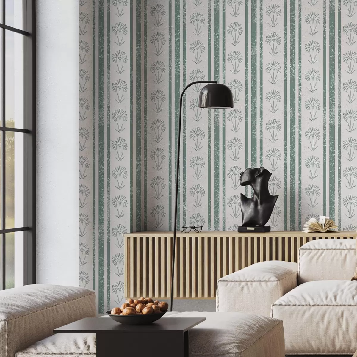 Papel pintado Patrón de cinta con flores en tonos verdes a00732