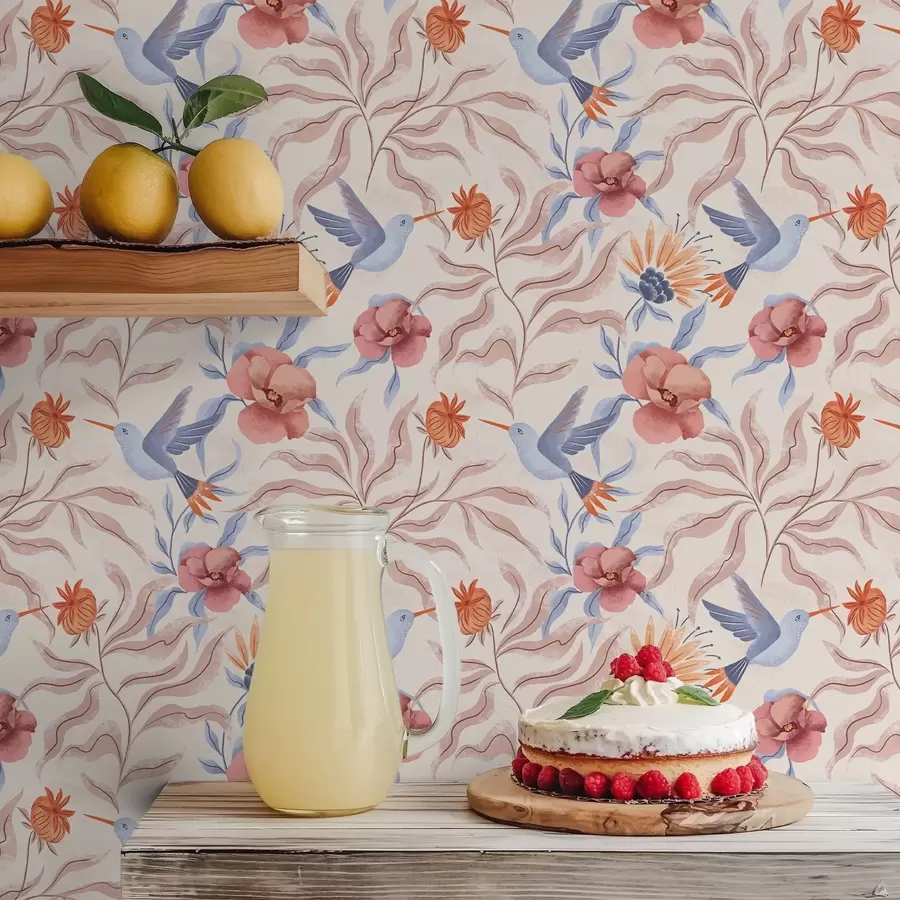 murales de pared Colibríes entre grandes flores en tonos rosados y azules a00733