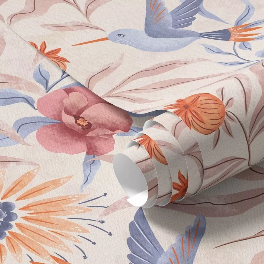 murales de pared Colibríes entre grandes flores en tonos rosados y azules a00733