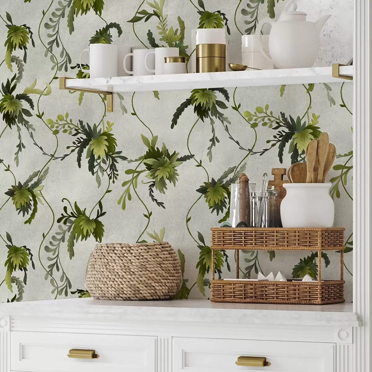 Papel pintado Ramas trepadoras con hojas sobre un fondo claro a00806