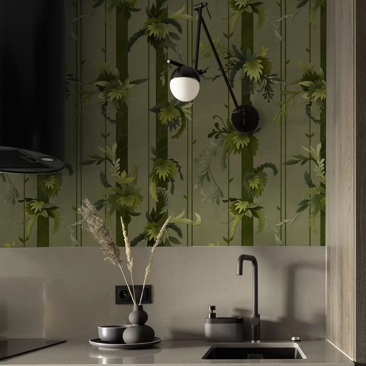 Papel pintado Hojas y racimos de vid en tonos acuarela verde claro a00807