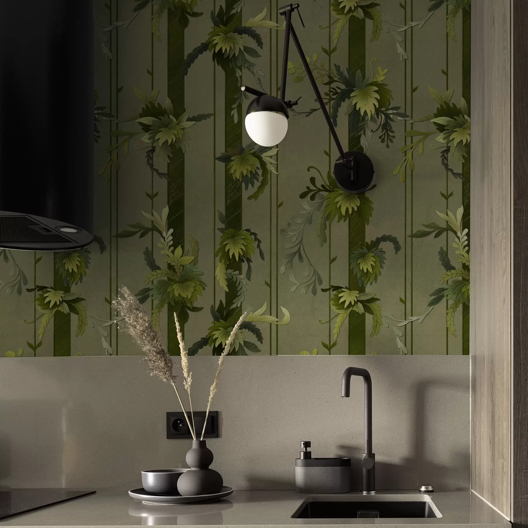 murales de pared Hojas y racimos de vid en tonos acuarela verde claro a00807