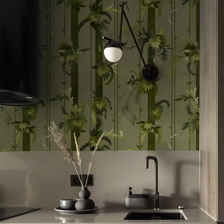 murales de pared Hojas y racimos de vid en tonos acuarela verde claro a00807