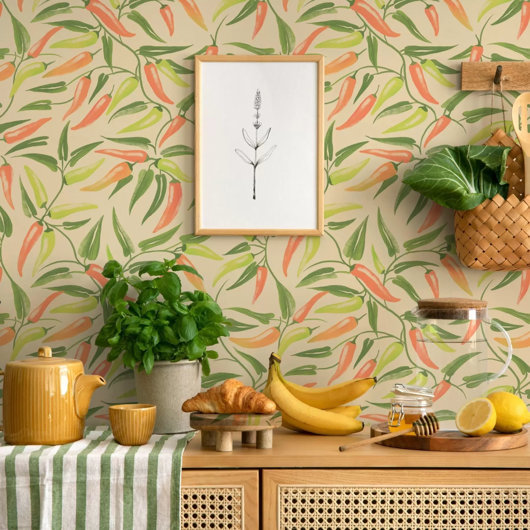 murales de pared Ramas con pimientos rojos y verdes sobre un fondo cálido a00829