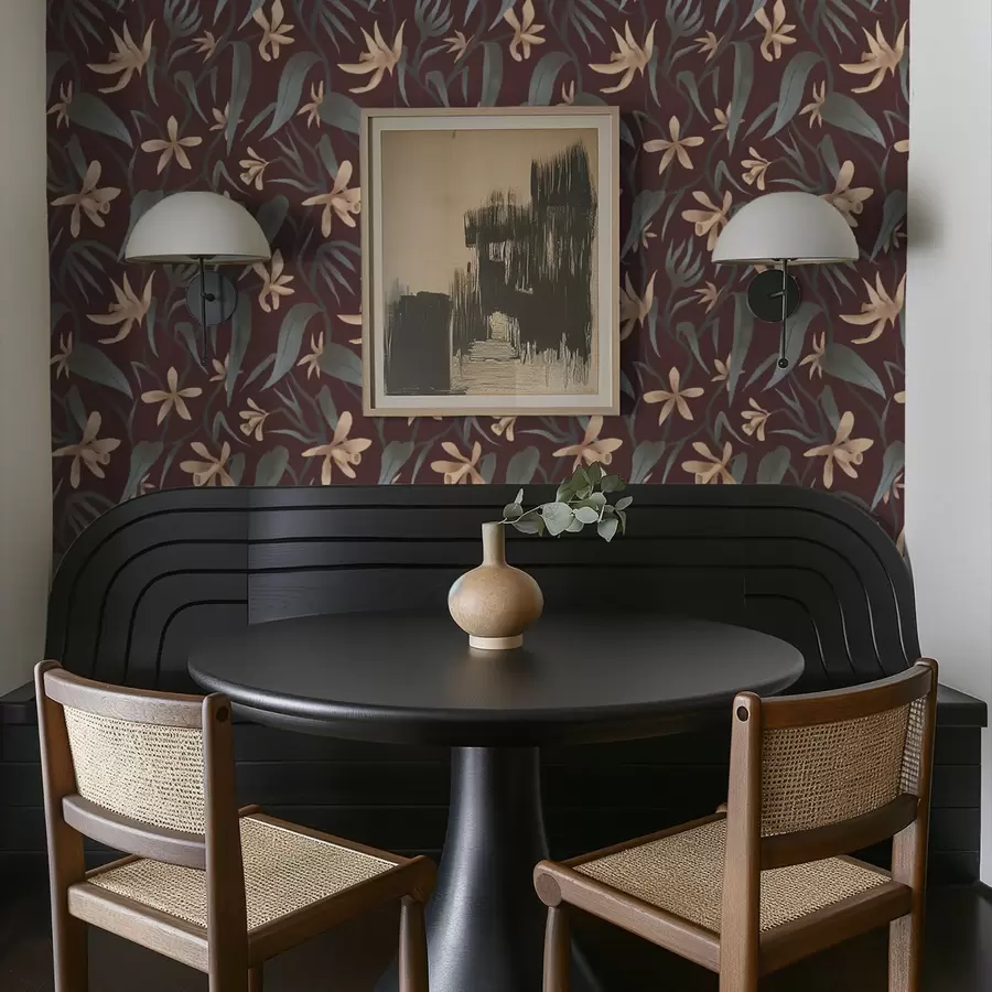 murales de pared Flores color crema con hojas grises sobre fondo burdeos. a00833