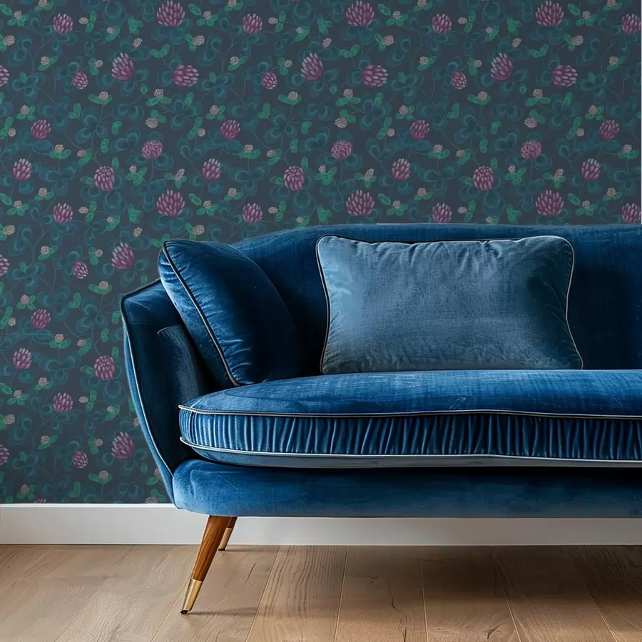 murales de pared Trébol con flores moradas sobre fondo azul oscuro a00836