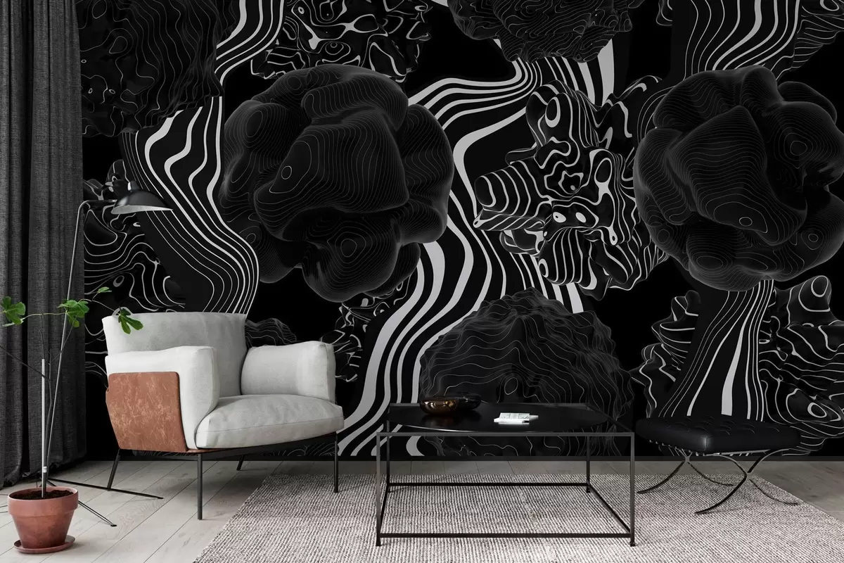 murales de pared formas orgánicas abstractas en estilo 3D en tonos negros con rayas blancas w04628