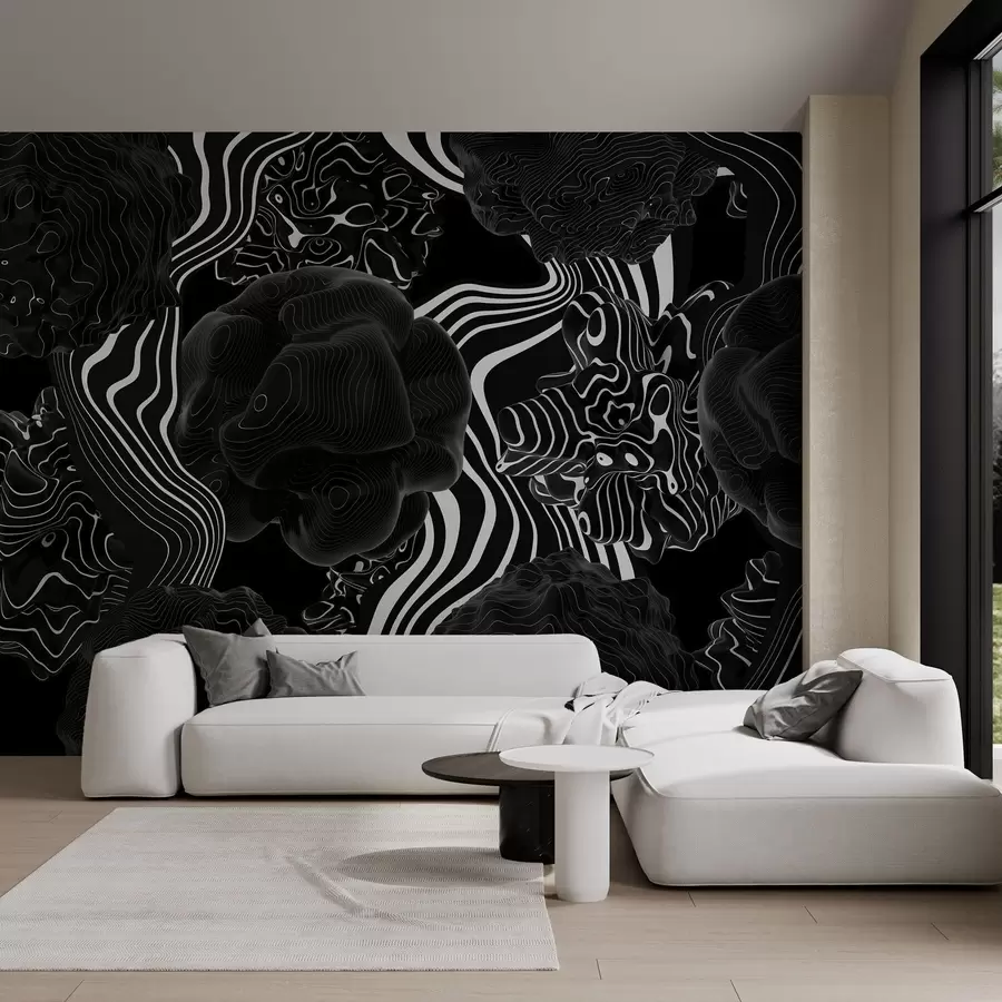 murales de pared formas orgánicas abstractas en estilo 3D en tonos negros con rayas blancas w04628