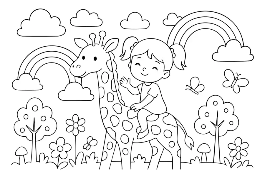 murales de pared dibujo en blanco y negro de una niña sobre una jirafa al estilo de un libro para colorear infantil w04753