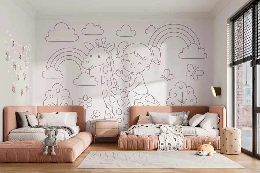 murales de pared pintura en polvo de una niña sobre una jirafa al estilo de un libro para colorear infantil w04753v1