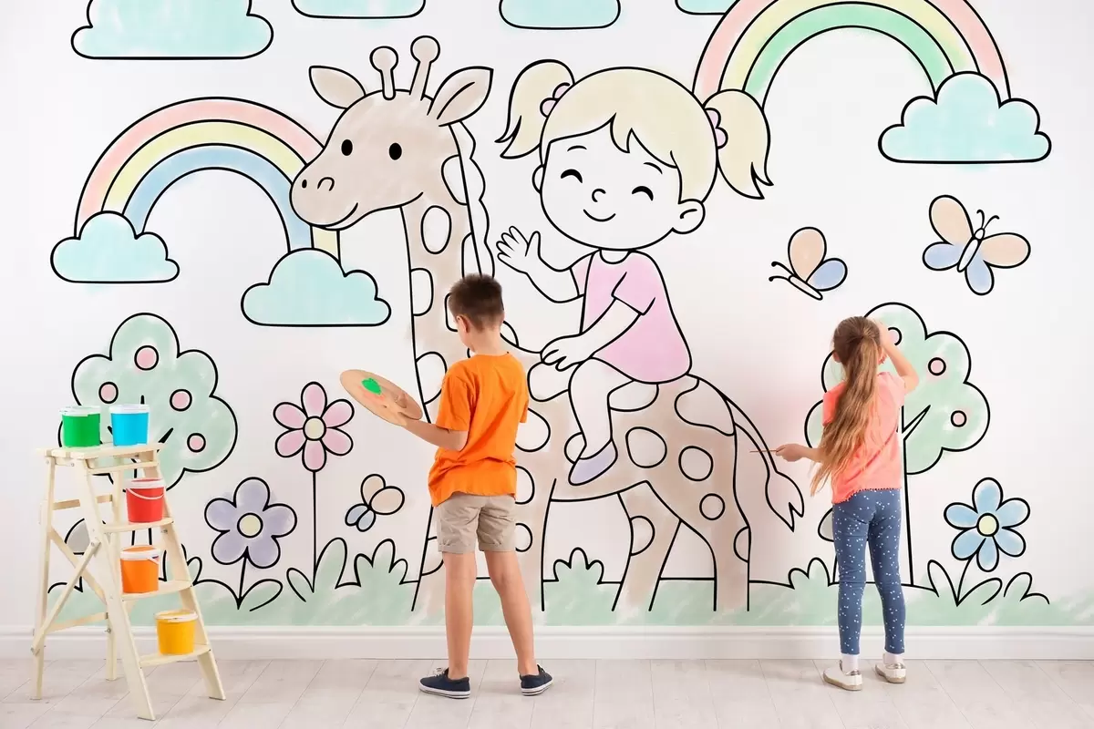 murales de pared niña sobre una jirafa al estilo de un libro para colorear infantil w04755
