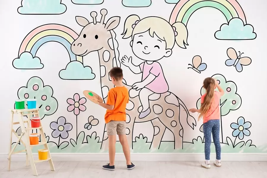 murales de pared niña sobre una jirafa al estilo de un libro para colorear infantil w04755