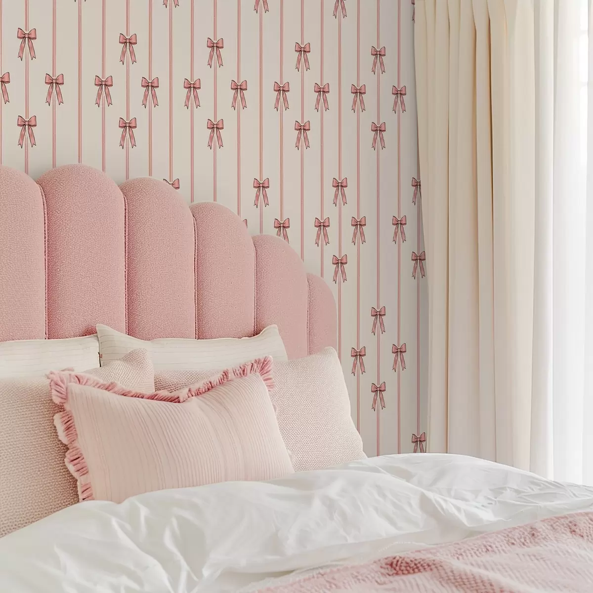 Papel pintado Cintas verticales con lazos, fondo marfil a00653