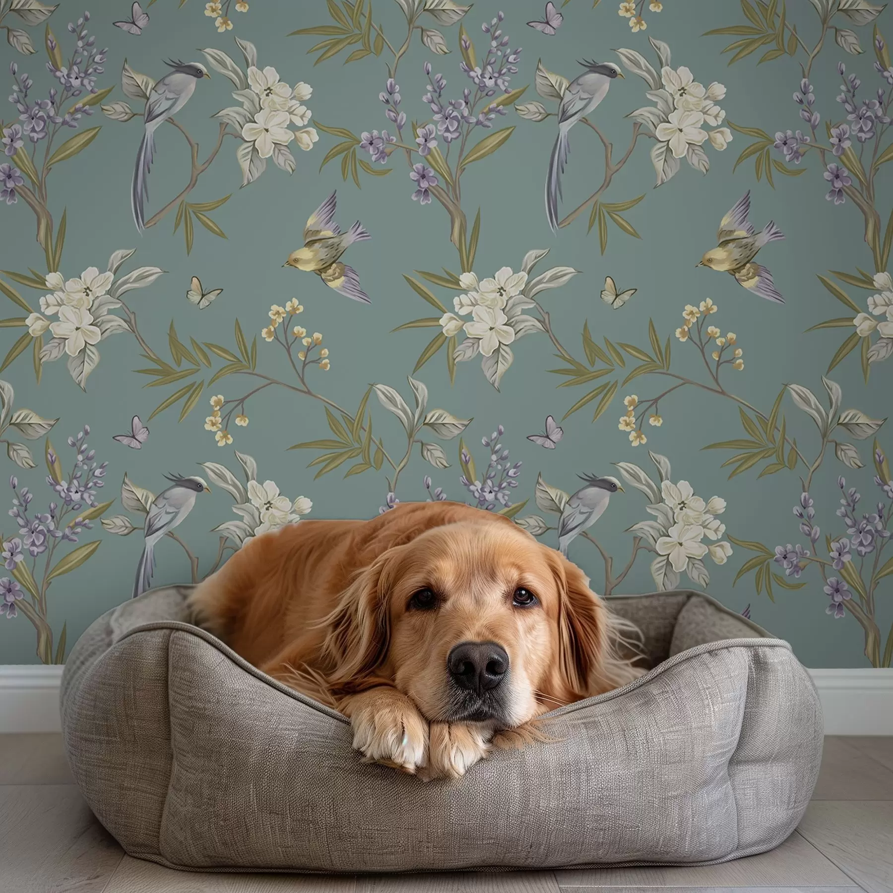 murales de pared Pájaros, flores y mariposas sobre un fondo azul grisáceo. a00735
