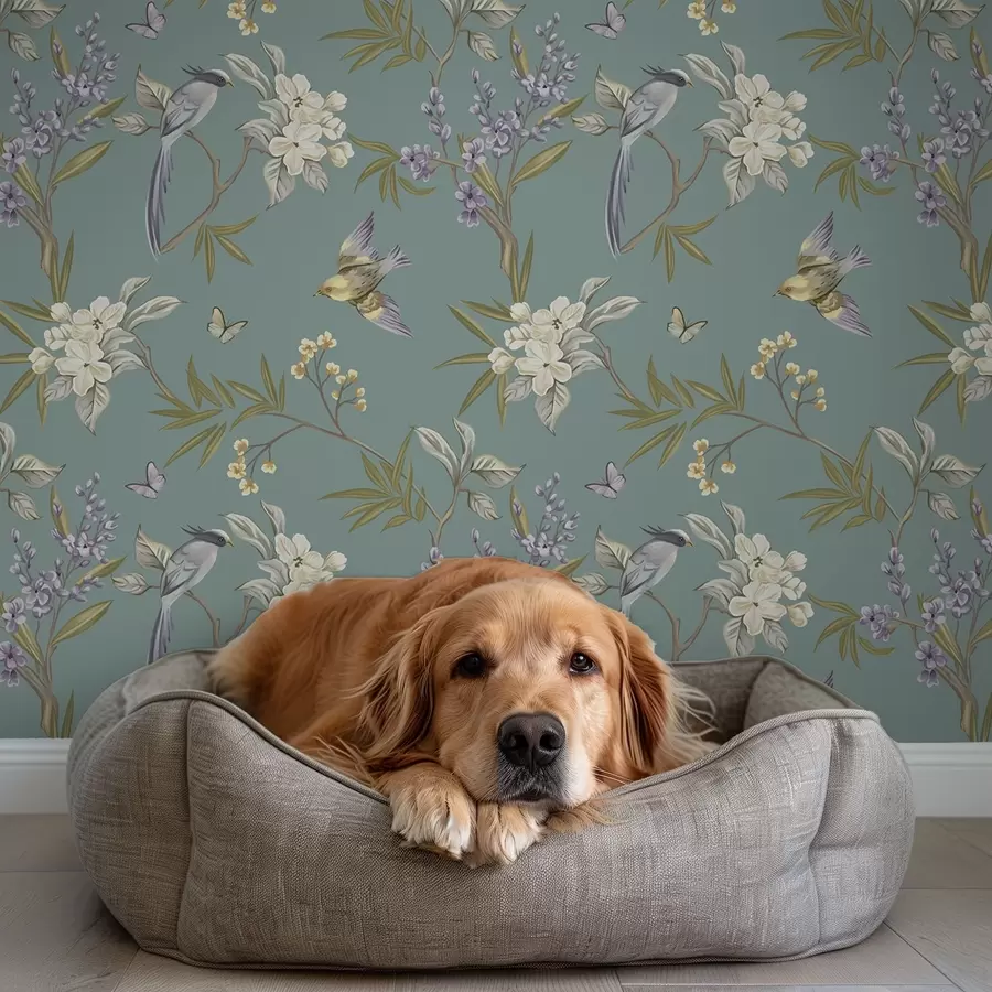 murales de pared Pájaros, flores y mariposas sobre un fondo azul grisáceo. a00735