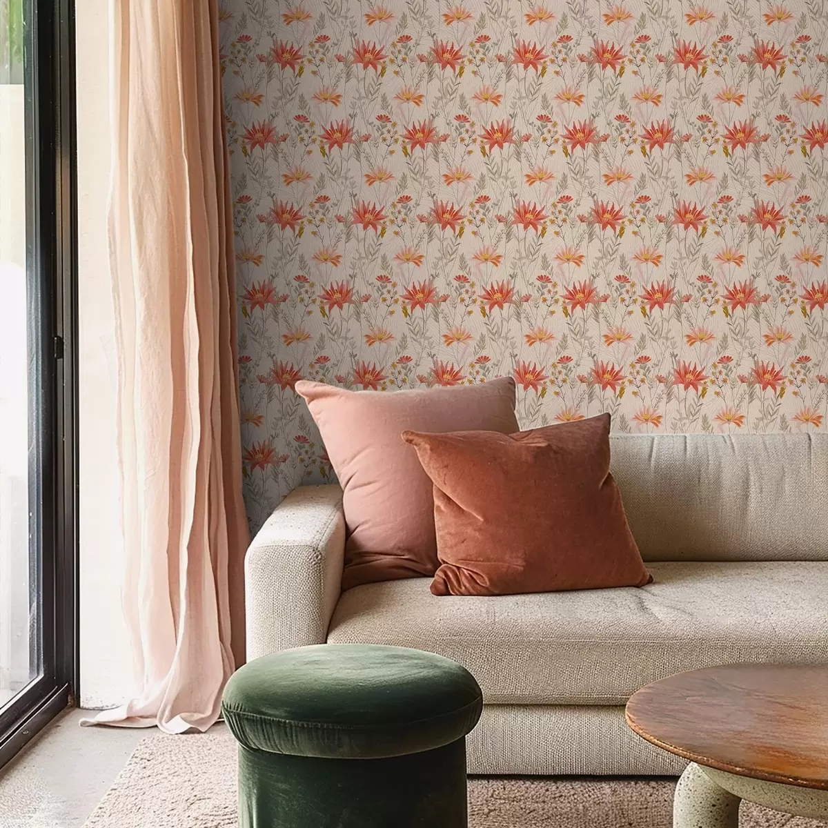 Papel pintado Flores silvestres en tonos cálidos sobre fondo beige a00751