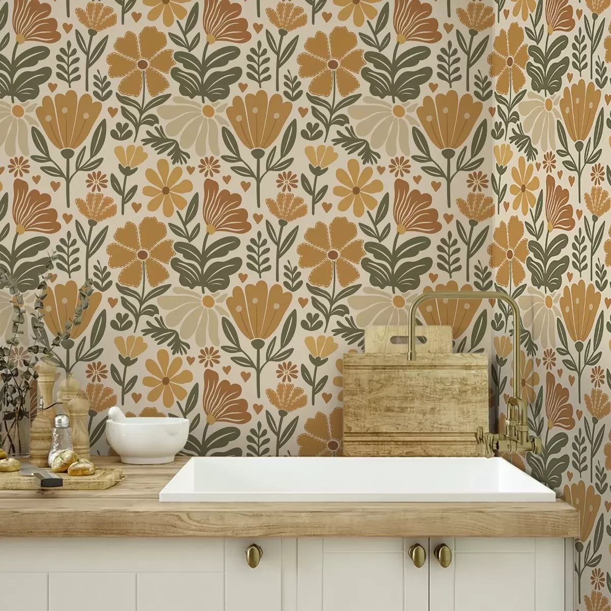 Papel pintado Flores estilizadas en tonos cálidos con corazones a00752