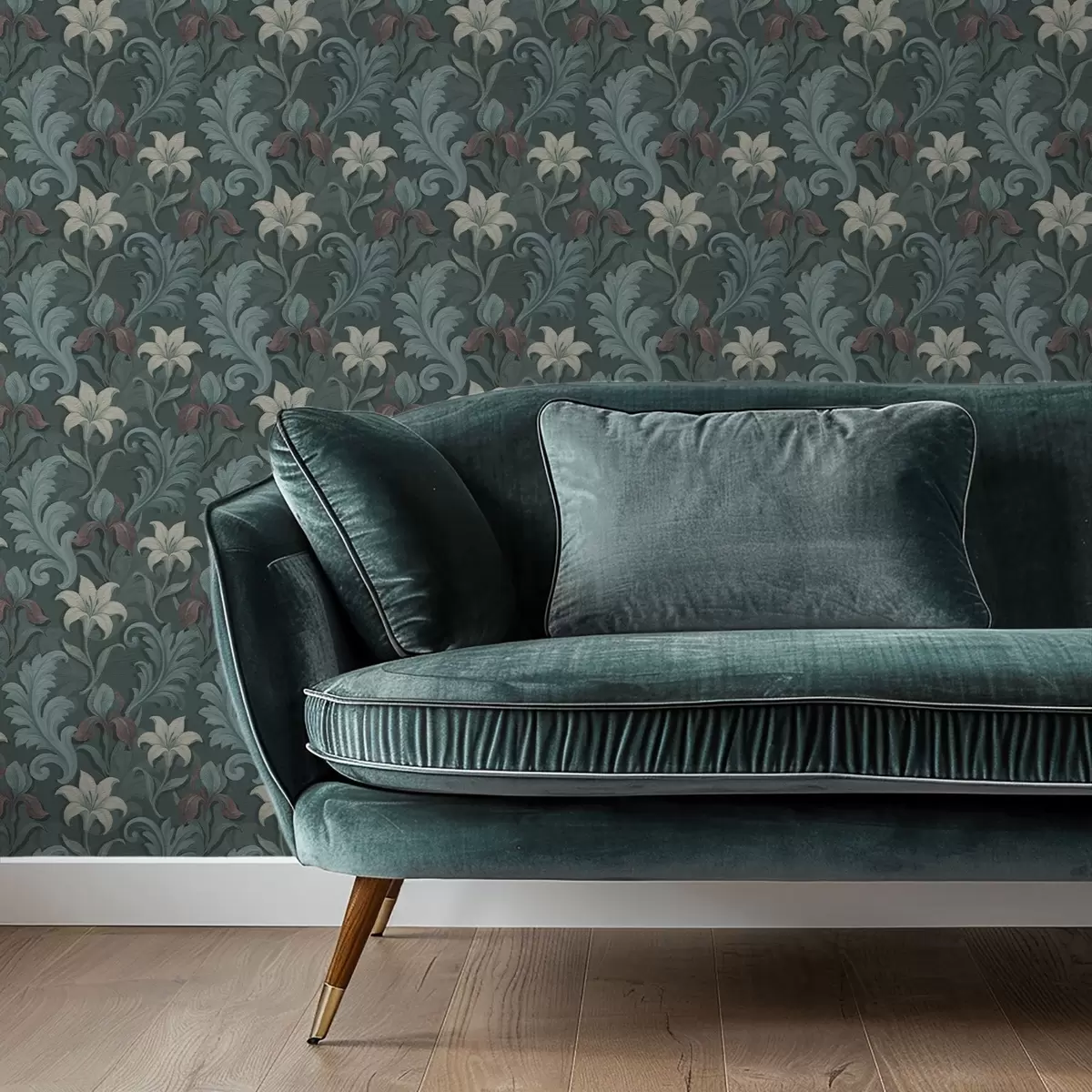 Papel pintado Fondo verde oscuro con iris y hojas decorativas a00755