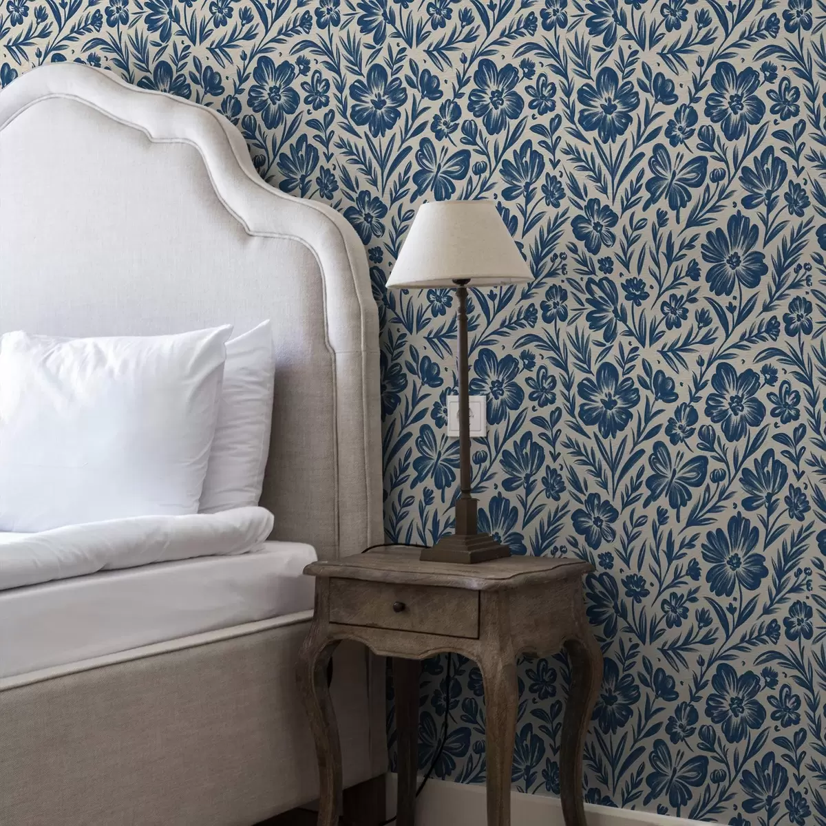 Papel pintado Adorno floral azul con mariposas a00758