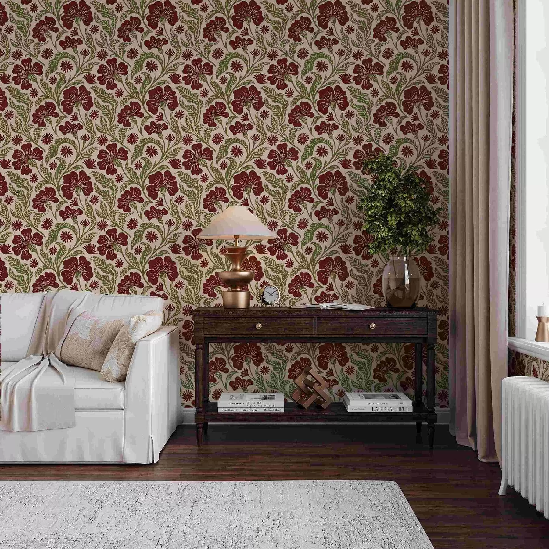 murales de pared Flores de color burdeos con hojas verdes sobre fondo claro a00761