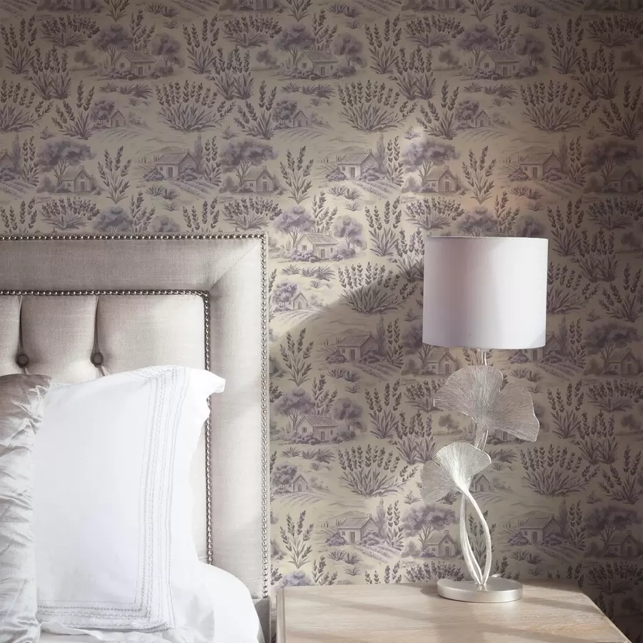 murales de pared Campos de lavanda y casas en tonos pastel a00765