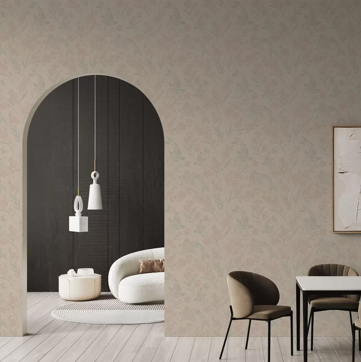 Papel pintado Carpas entre flores en suaves tonos beige y rosa a00766