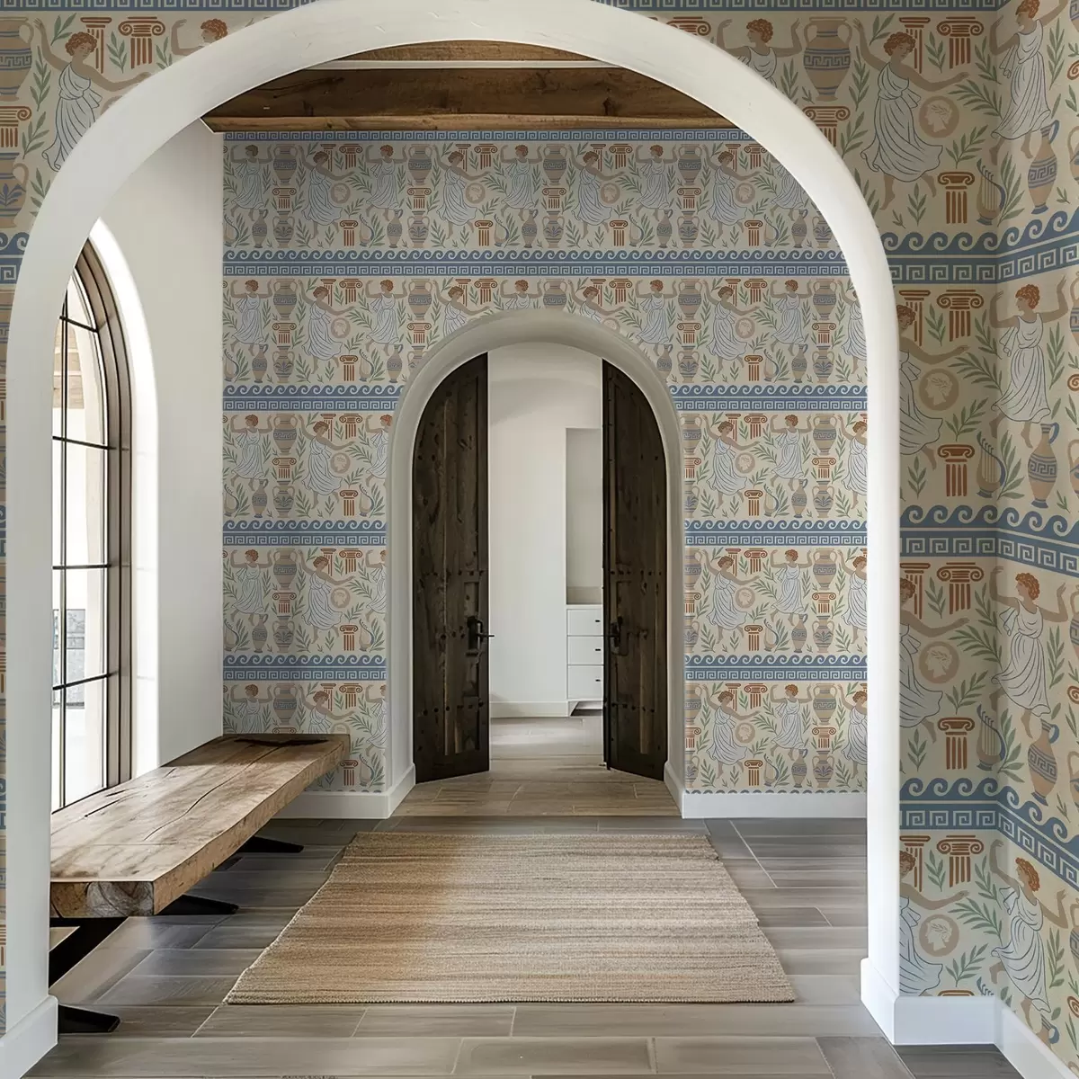 Papel pintado Adorno griego antiguo con figuras, jarrones y columnas a00768