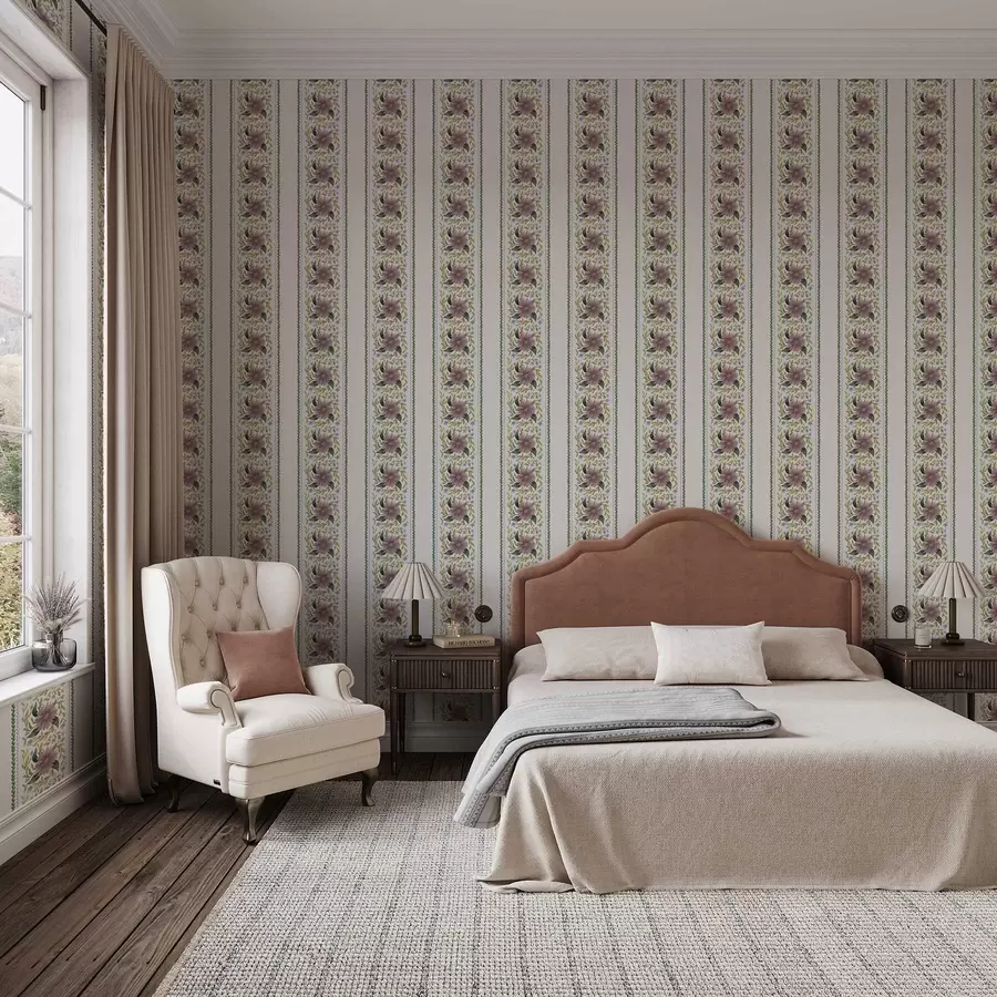 murales de pared Rayas florales verticales en tonos azul lila a00809