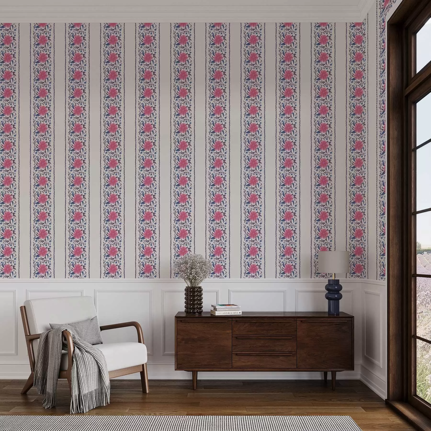 murales de pared Rayas florales verticales en tonos rosa-morado a00810