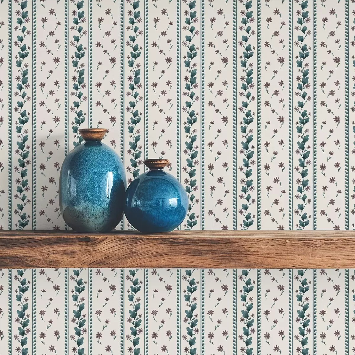 Papel pintado Rayas florales verticales en tonos azul y marrón a00811