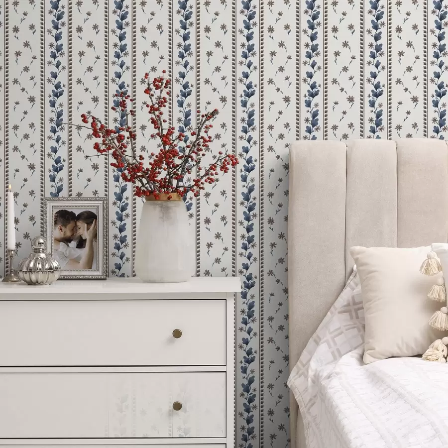 murales de pared Rayas florales verticales en tonos azul y marrón a00811v2