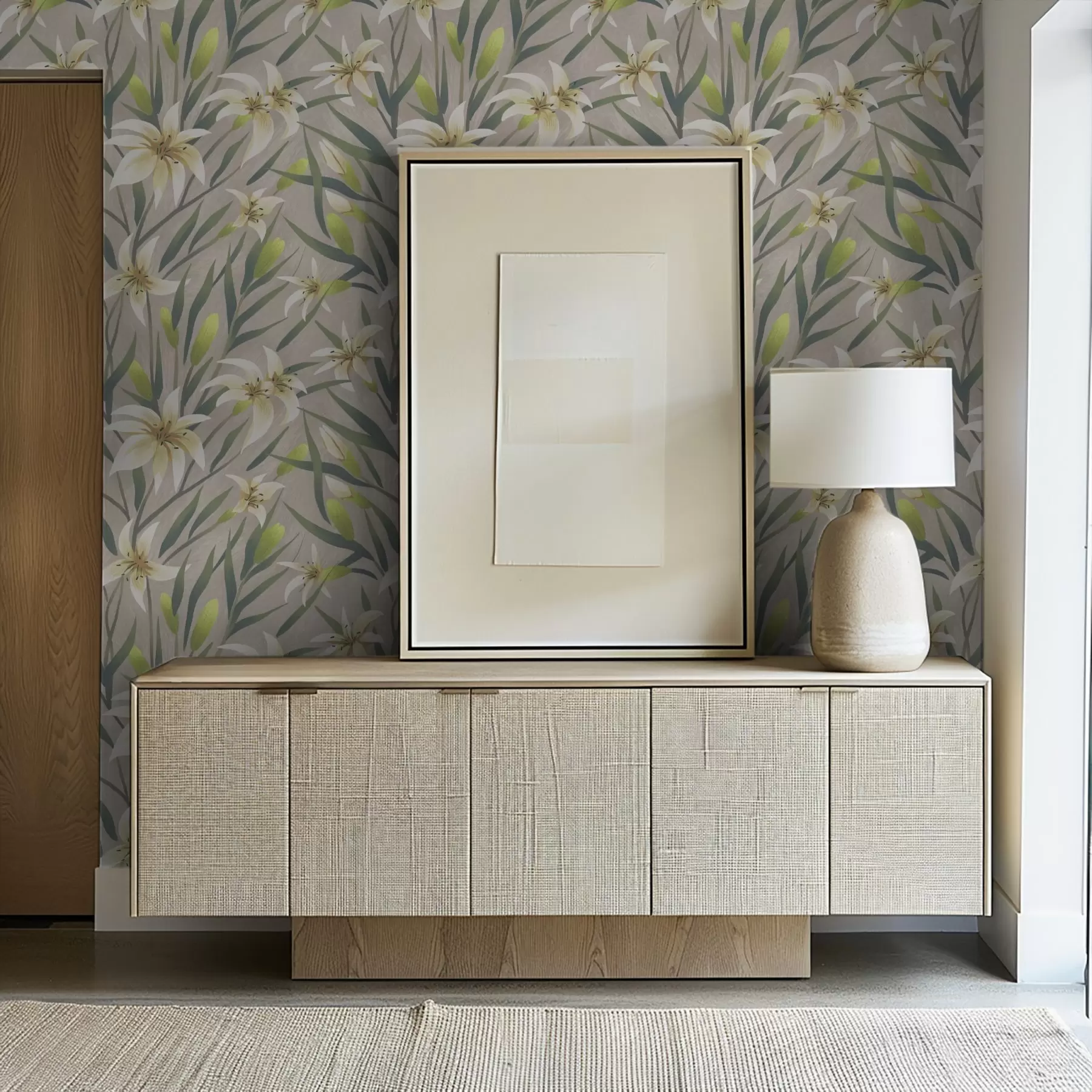 murales de pared Lirios crema con hojas sobre fondo gris-beige a00837