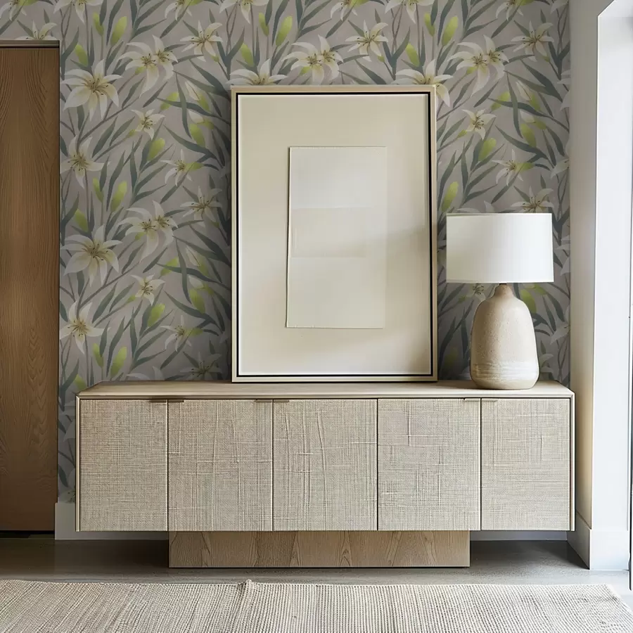 murales de pared Lirios crema con hojas sobre fondo gris-beige a00837