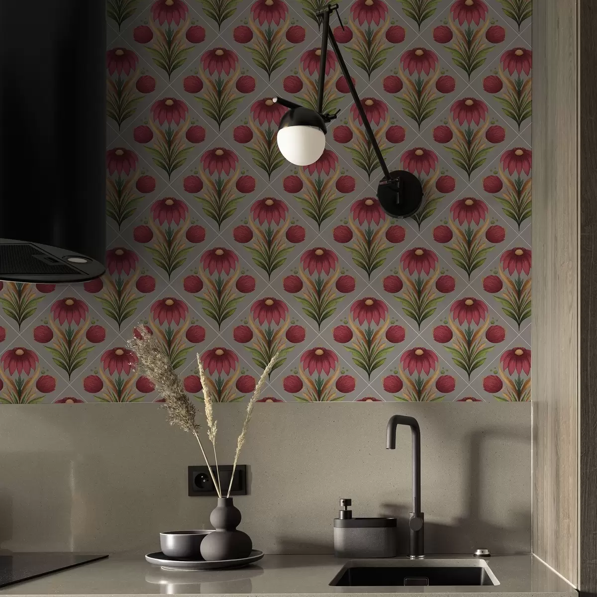 Papel pintado Adorno floral simétrico sobre fondo gris con diagonales a00869