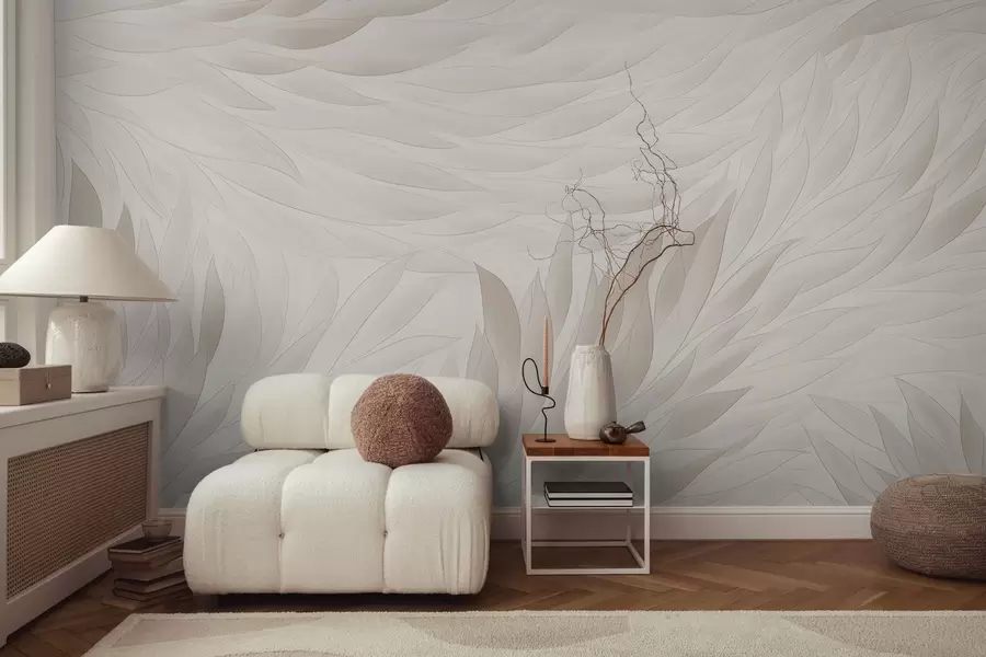 murales de pared Hojas onduladas en suaves tonos crema w04610