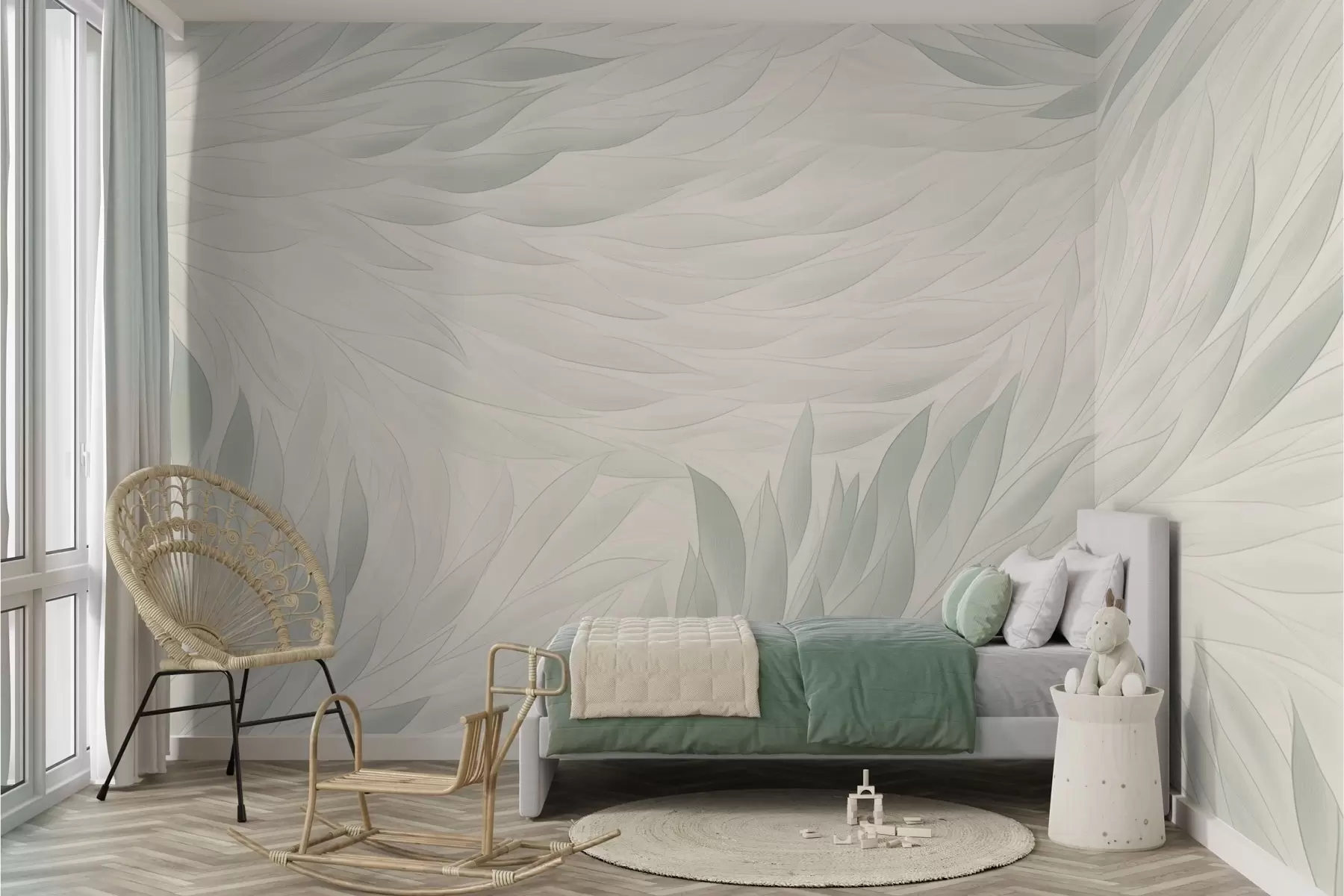 murales de pared Hojas onduladas en suaves tonos verde-beige w04610v2
