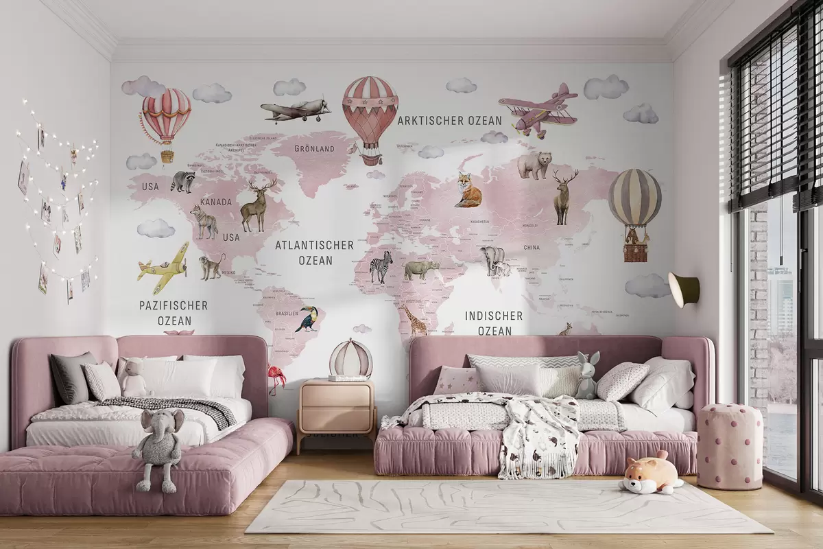 murales de pared Mapa infantil en estilo acuarela con animales y globos aerostáticos. En alemán. Color rosa. c00001dev3