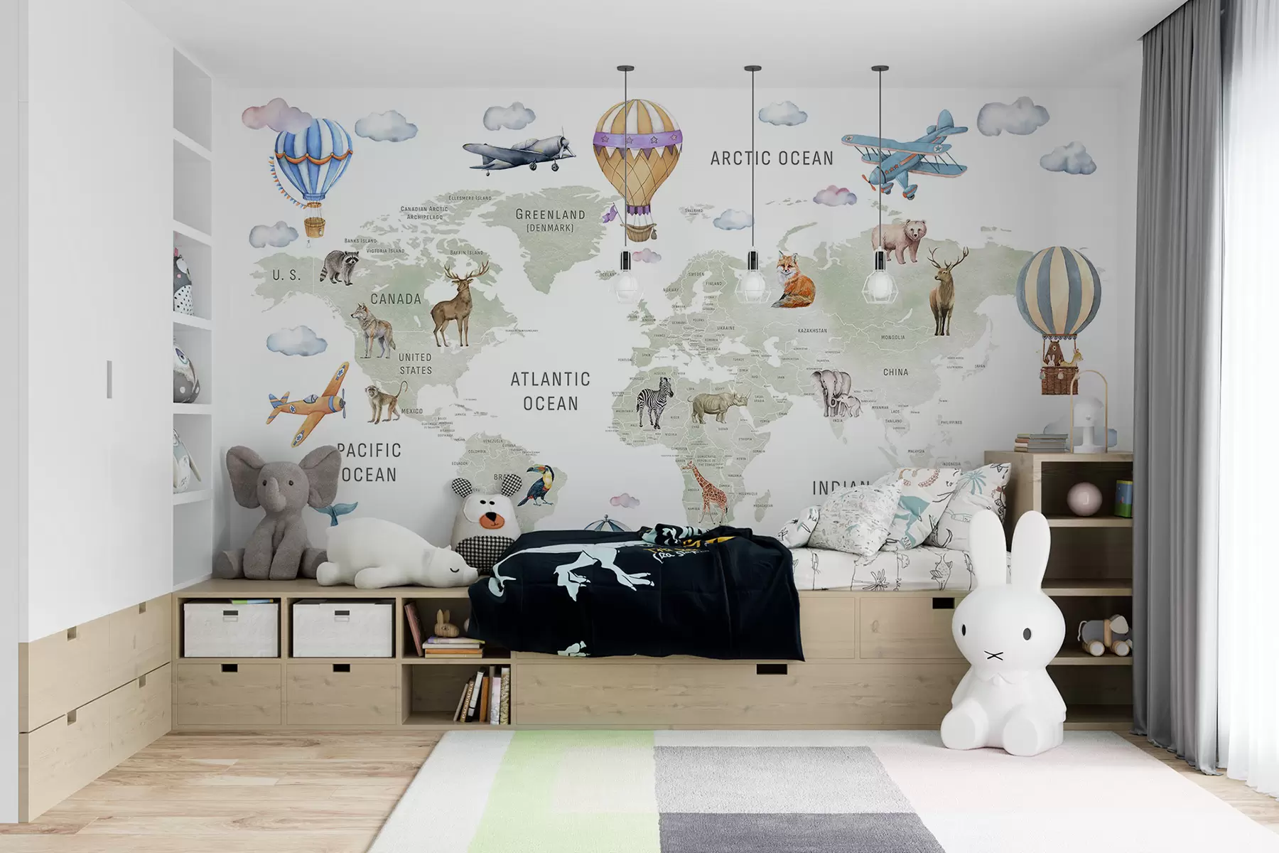 murales de pared Mapa infantil en estilo acuarela con animales y globos aerostáticos. En inglés. Color verde. c00001en