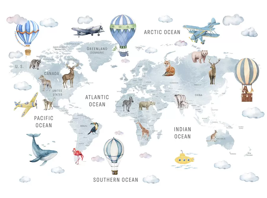 murales de pared Mapa de estilo acuarela para niños con animales y globos aerostáticos. En inglés. Color azul. c00001env1