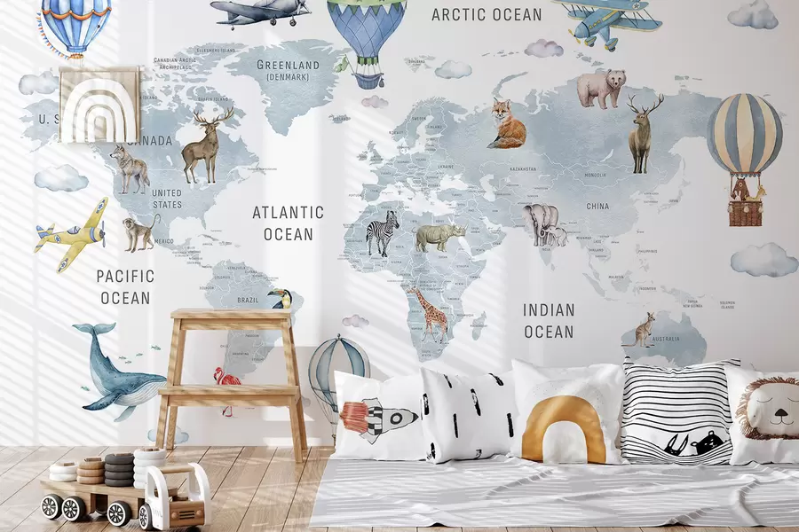 murales de pared Mapa de estilo acuarela para niños con animales y globos aerostáticos. En inglés. Color azul. c00001env1