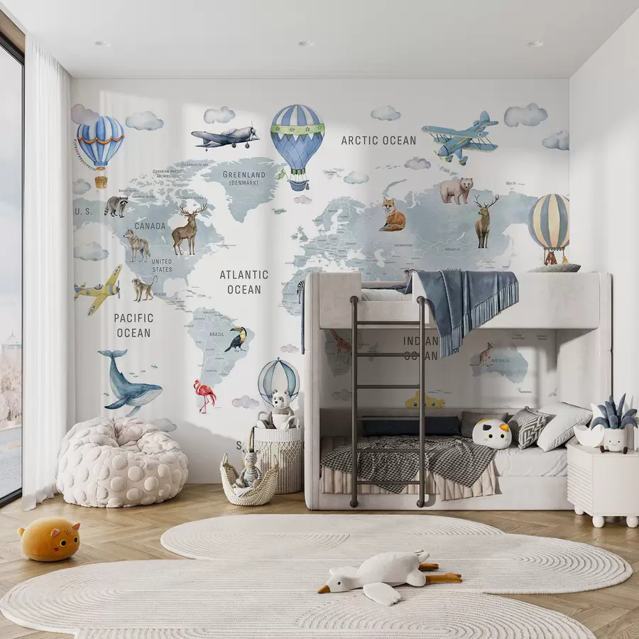 murales de pared Mapa de estilo acuarela para niños con animales y globos aerostáticos. En inglés. Color azul. c00001env1