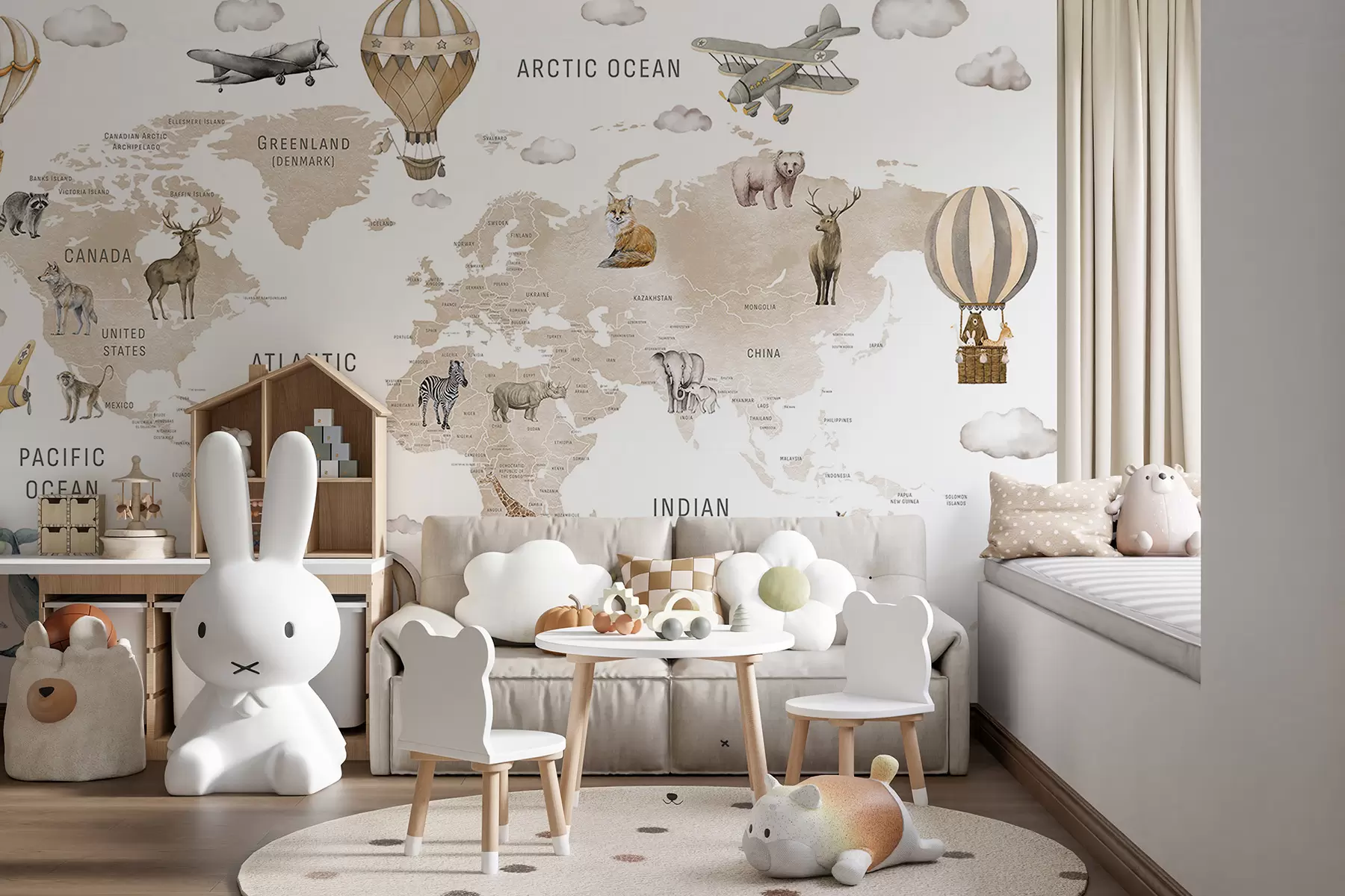 murales de pared Mapa de estilo acuarela para niños con animales y globos aerostáticos. Idioma inglés. Color beige. c00001env2