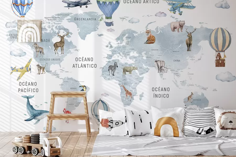 murales de pared Mapa de estilo acuarela para niños con animales y globos aerostáticos. En español. Azul. c00001esv1