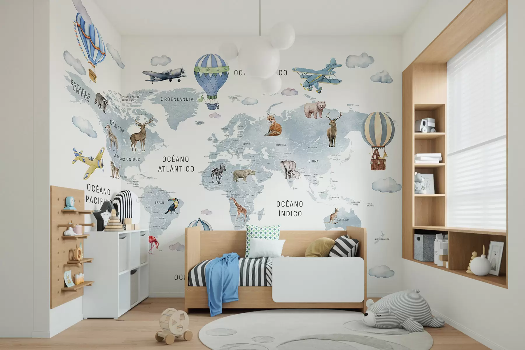 murales de pared Mapa de estilo acuarela para niños con animales y globos aerostáticos. En español. Azul. c00001esv1