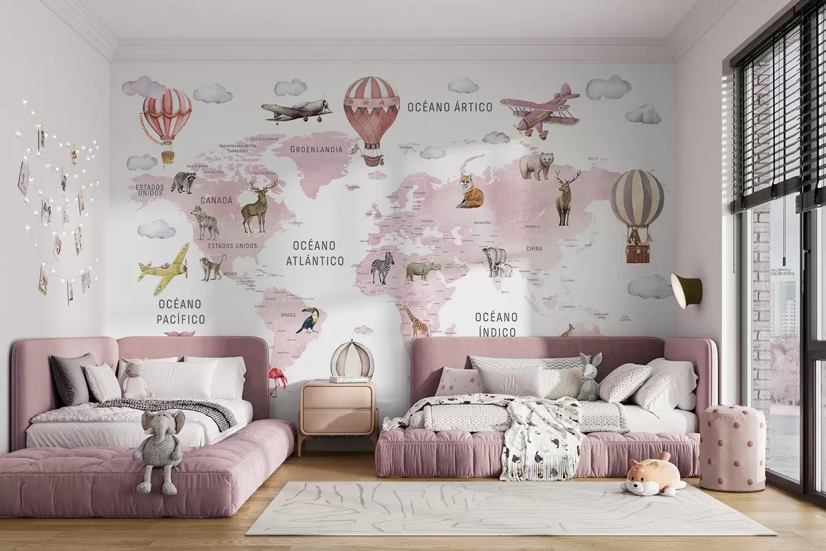 murales de pared Mapa infantil en estilo acuarela con animales y globos aerostáticos. En español. Color rosa. c00001esv3