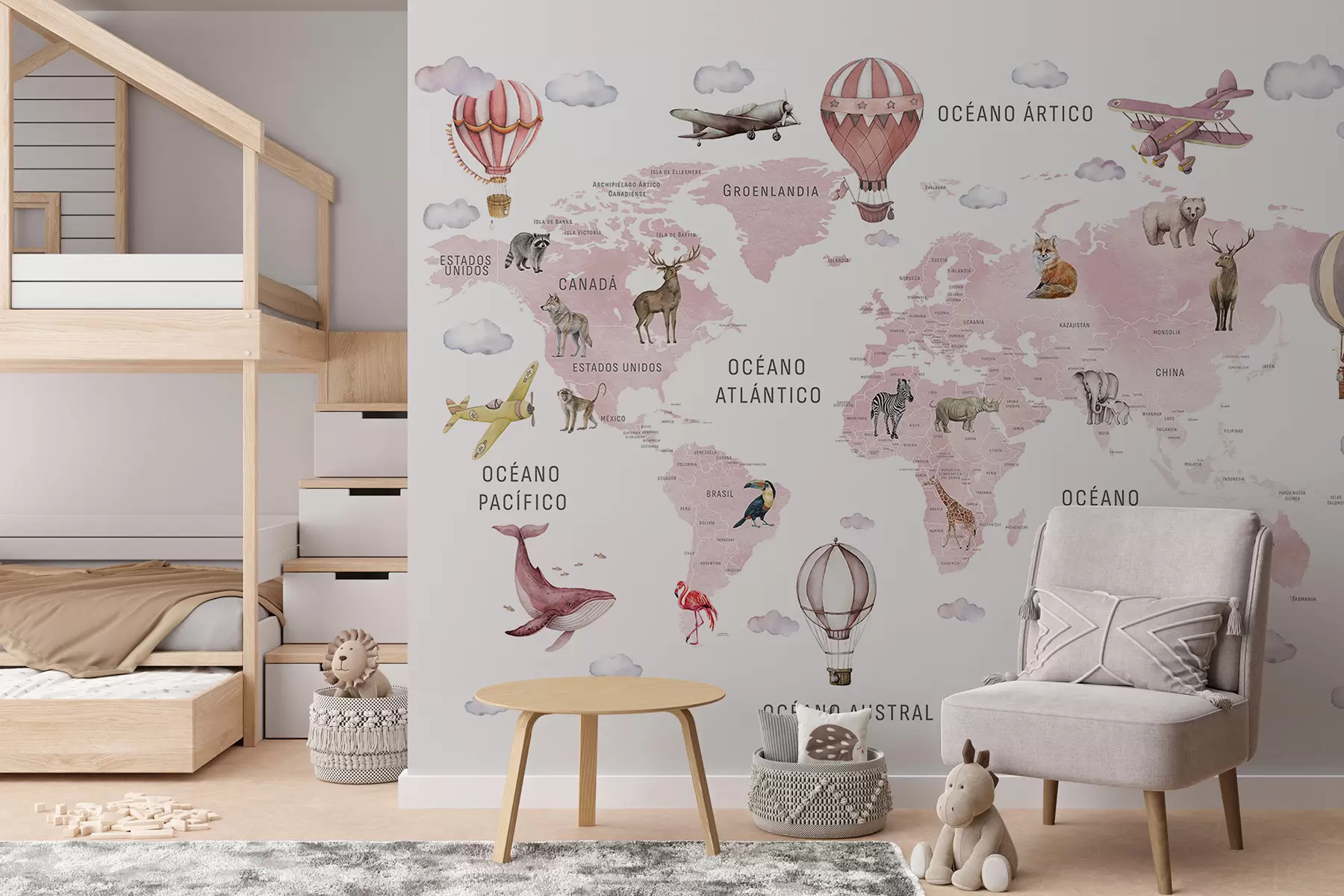 murales de pared Mapa de estilo acuarela para niños con animales y globos aerostáticos. En español. Rosa. c00001esv3