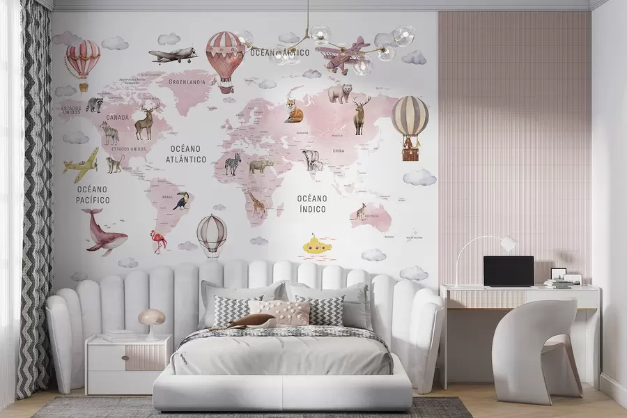 murales de pared Mapa infantil en estilo acuarela con animales y globos aerostáticos. En español. Color rosa. c00001esv3