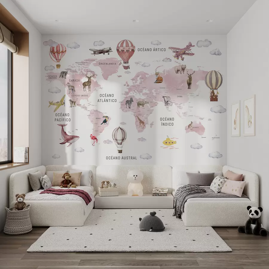 murales de pared Mapa de estilo acuarela para niños con animales y globos aerostáticos. En español. Rosa. c00001esv3